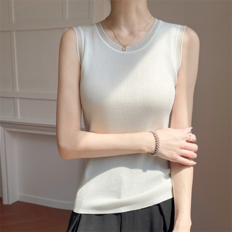 冰丝针织无袖吊带背心女2025夏轻薄透气洋气法式设计感小众打底衫，女装T恤，雪真羊绒