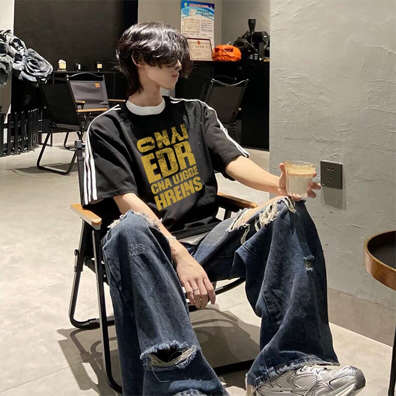 抖音得物高品质二开240克宽松纯棉美式潮牌三条杠织带短袖T恤,男装T恤,电商A486