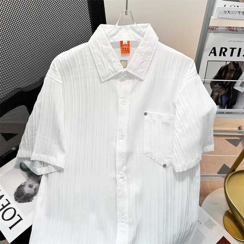 条纹衬衫男短袖夏季设计感小众高级感外套潮牌痞帅港风春秋款衬衣,男装衬衫,星座1013