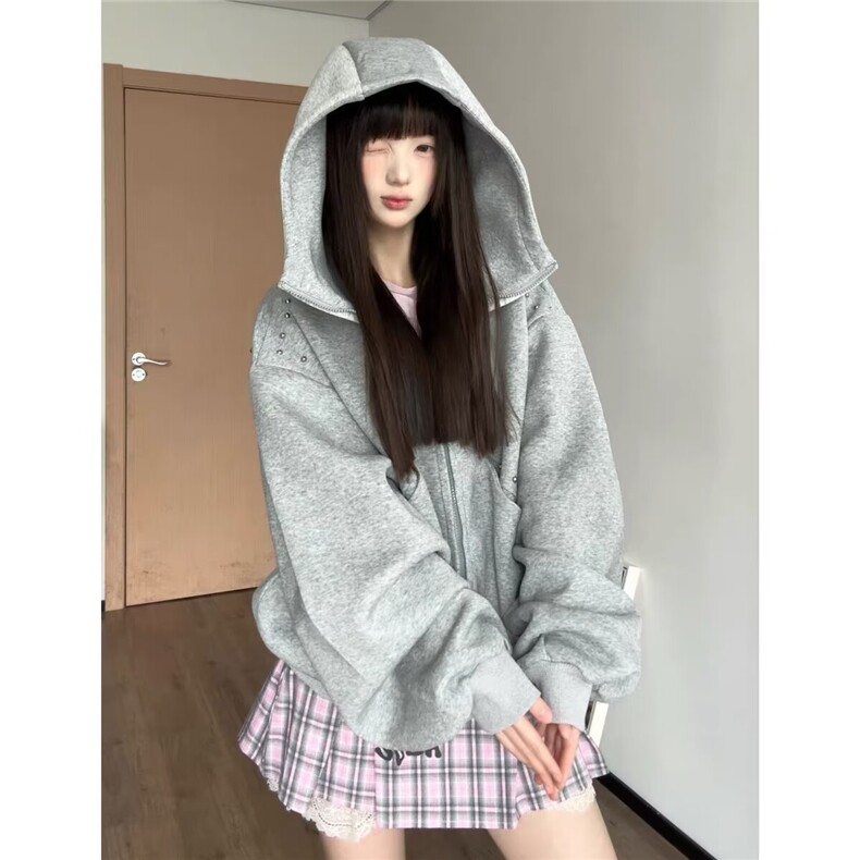 高质量美式拼接铆钉杜宾犬耳朵连帽情侣卫衣短外套网络图,女装短外套,星座410-6（原星座1304-1）