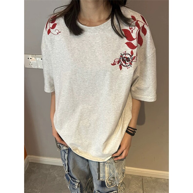 网图有货美式复古蓝银草字母刺绣短袖T恤宽松男女上衣A497-P35,男装T恤,星座1505