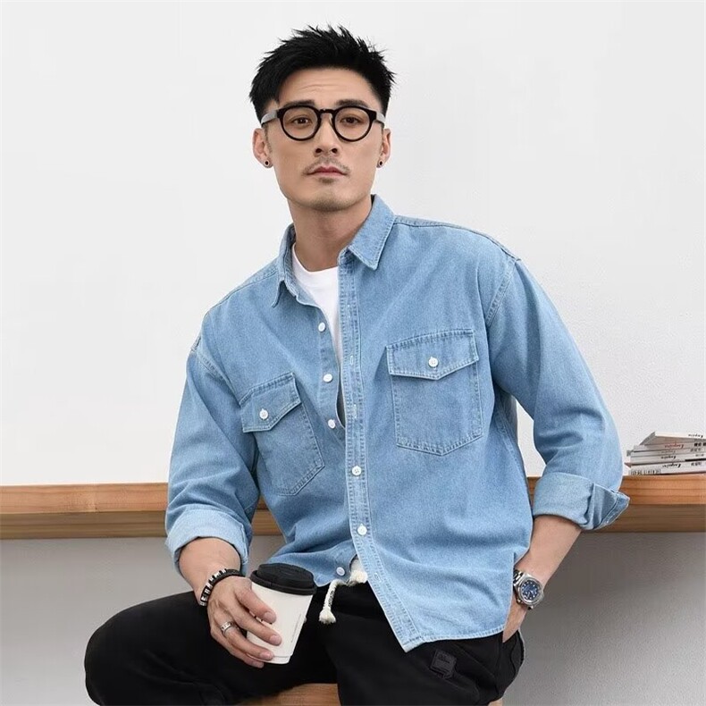 现货高级感复古牛仔衬衫男春秋季简约舒适工装长袖衬衣外套男潮牌,男装衬衫,星座302B