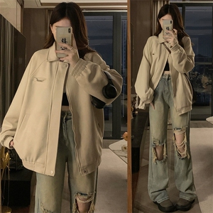 C858-P110麂皮绒外套女2025新款春秋季高级感宽松休闲翻领夹克图片
