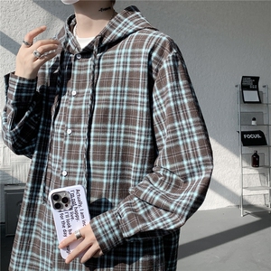 连帽格子衬衫男春季宽松大码慵懒风复古潮牌格纹休闲外套CS29011图片