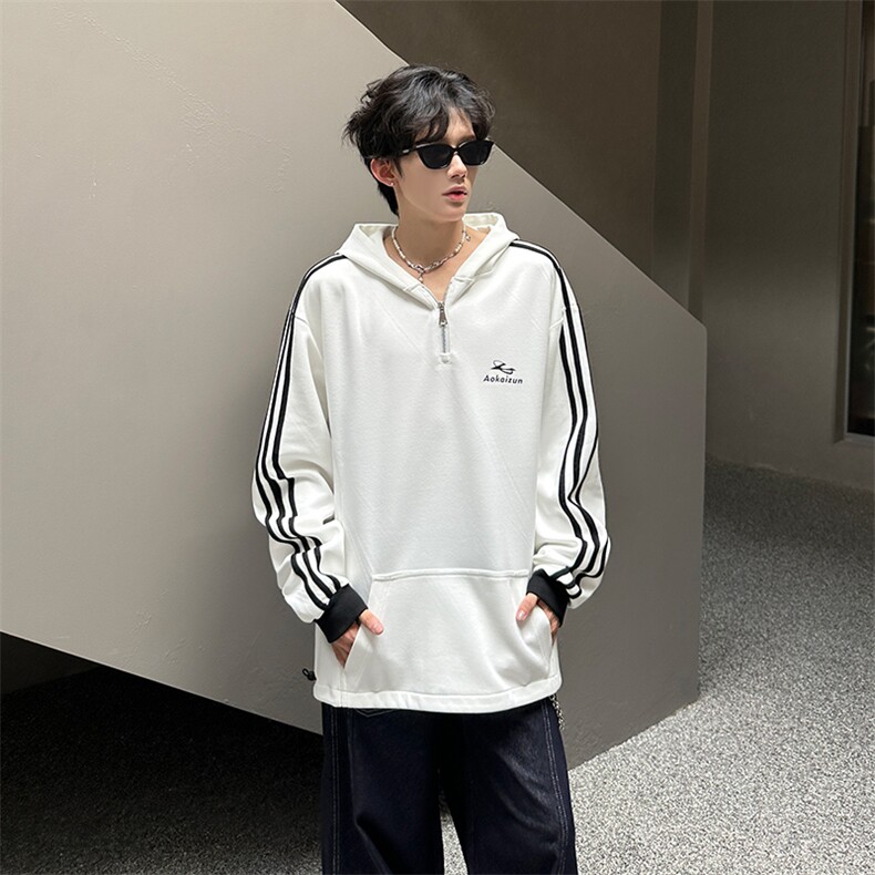 秋季宽松休闲连帽半拉链卫衣长袖条纹三条杠外套XZ808B-WH087-P48,女装短外套,星座808B