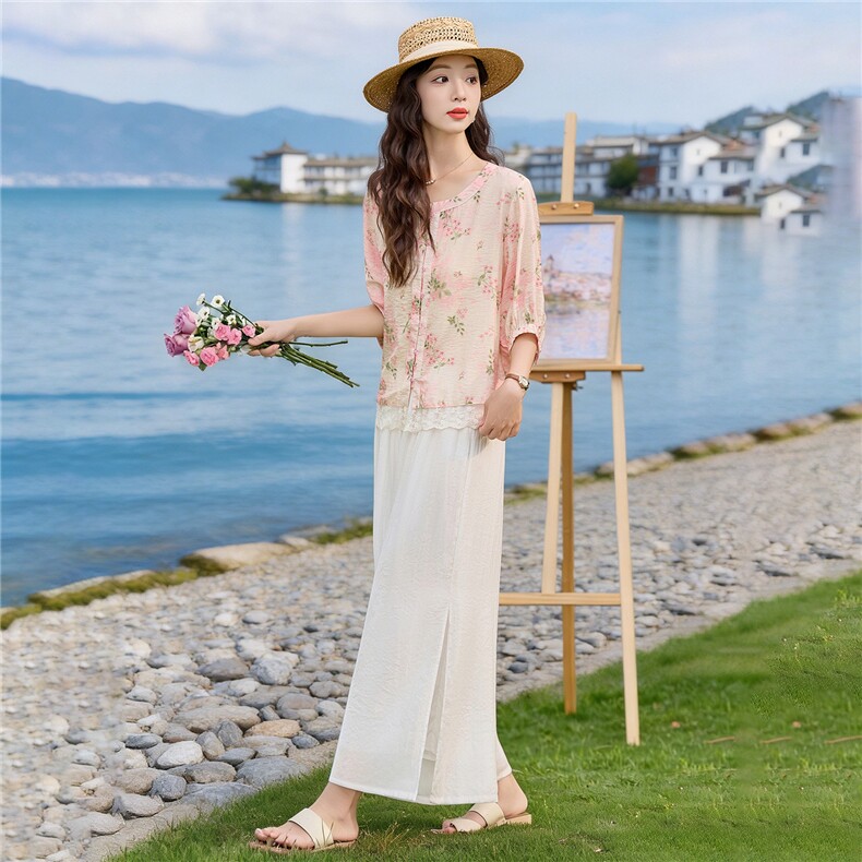 2026年夏季时尚气质印花小衫阔腿裤两件套女,女装套装/套裙,依路服饰