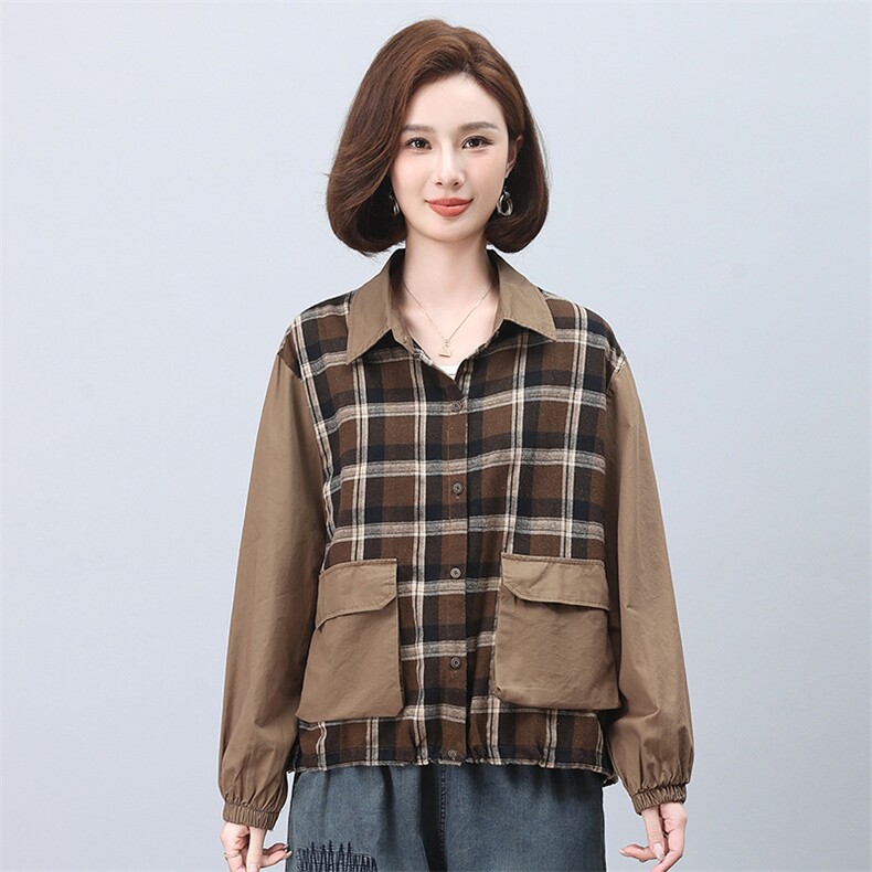 时尚格子拼接长袖衬衫女宽松显瘦百搭休闲上衣秋装新款韩版衬衣图片