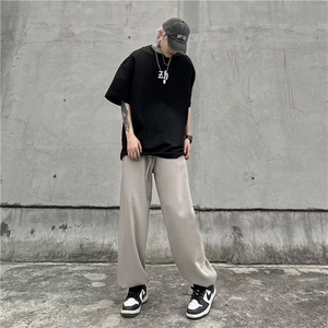 运动裤男夏季款针织卫裤子男韩版潮流灰色直筒裤学生宽松休闲长裤,冬天彭于晏的穿搭图片