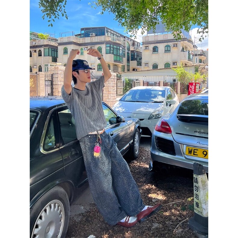渐层豹纹宽松直筒休闲长裤潮牌覆古阔腿牛仔裤NZ730特P52,男装牛仔裤,星座908-1