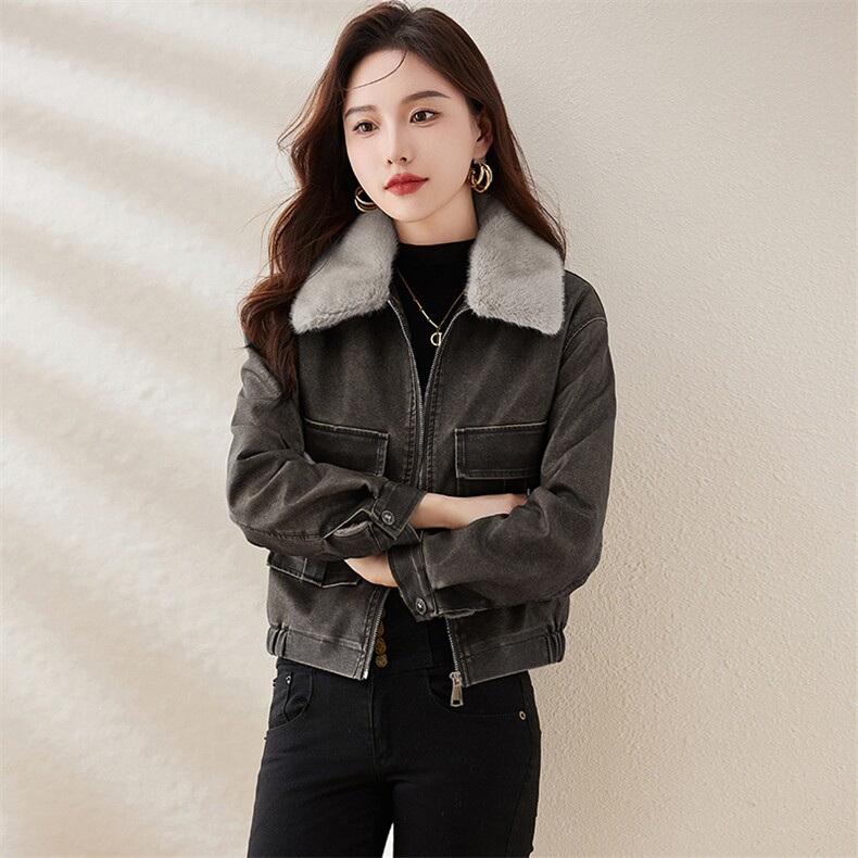 复古加绒皮衣外套女小个子短款2023冬装新款配毛领修身机车服夹克,女装棉衣/棉服,江南女神