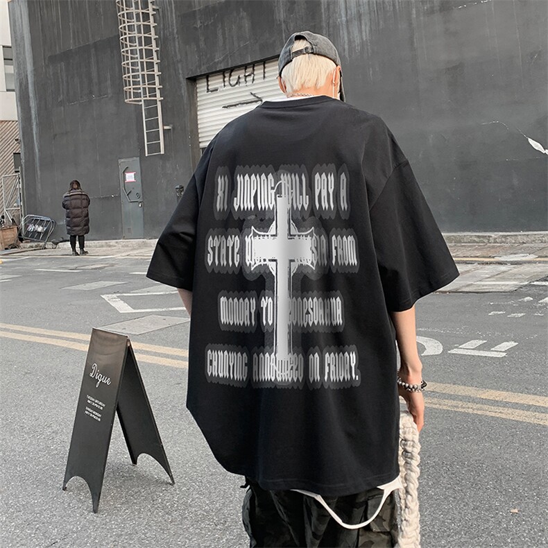 B239-1103-P25字母十字架印花夏季重磅落肩袖短袖T恤男美式,男装T恤,星座514-2(原B239)