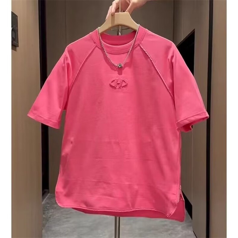 夏季拉链刺绣圆领短袖T恤男潮流百搭纯色上衣情侣休闲ins宽松半袖,男装T恤,电商B212（原钱塘6029）