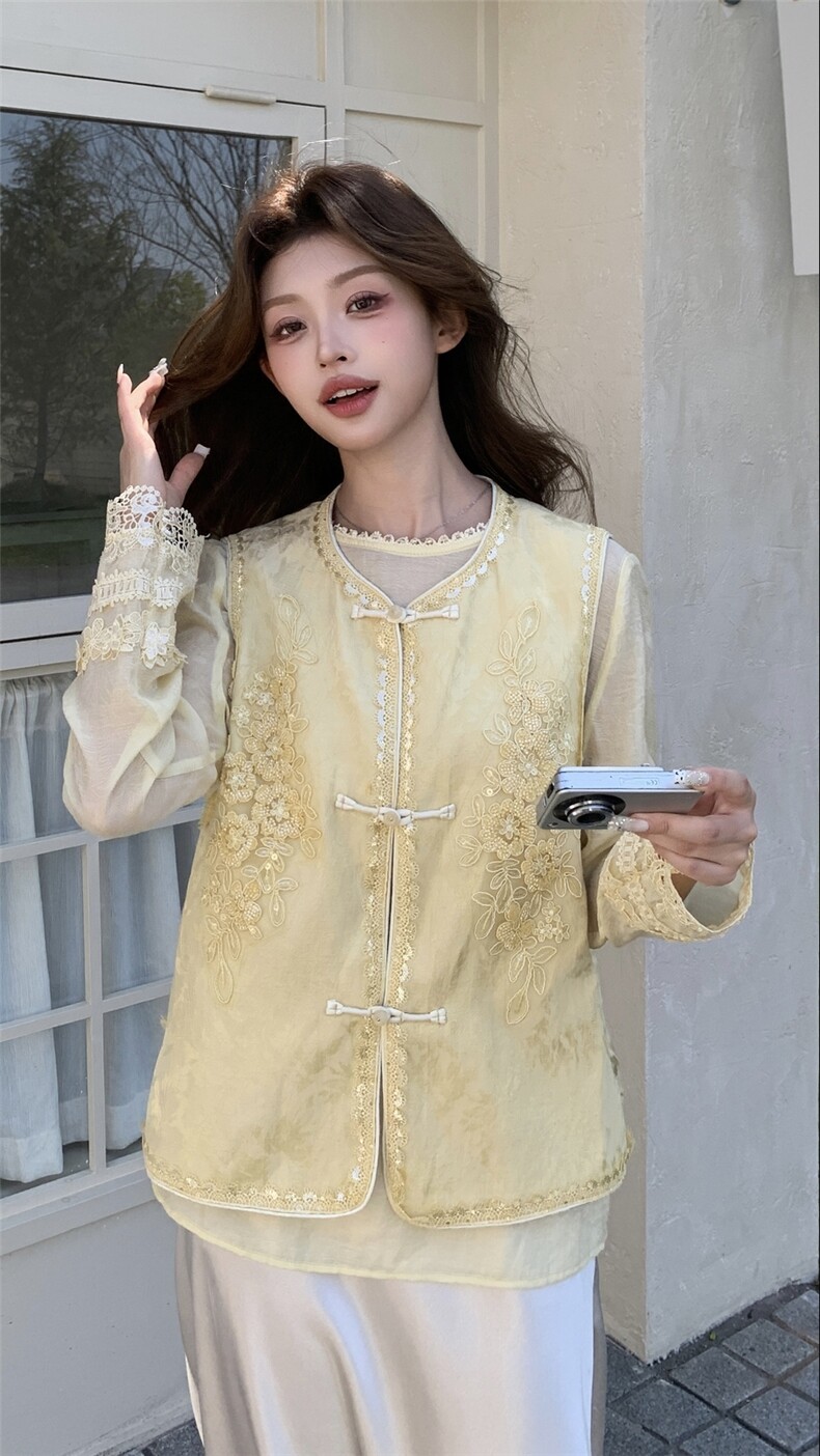 高端亚麻提花刺绣国风马甲女2025春夏新款高级感气质上衣钉珠衬衫,女装马甲,浙宝208A