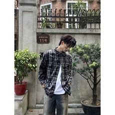 美式格纹毛边长袖衬衫衬衣男宽松日系复古情侣休闲外套WLJ066-p43，男装衬衫，星座1008