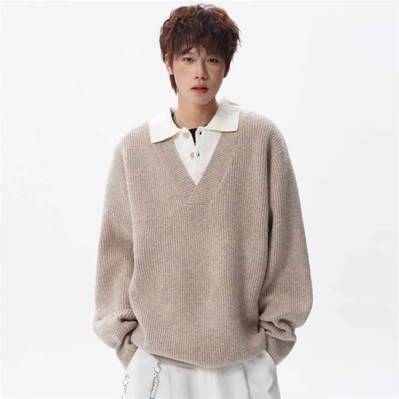 1506/QM850/P52羊毛双V领翻领拼色彩纱初秋薄款亲肤毛衣，男装针织衫/毛衣，星座1506