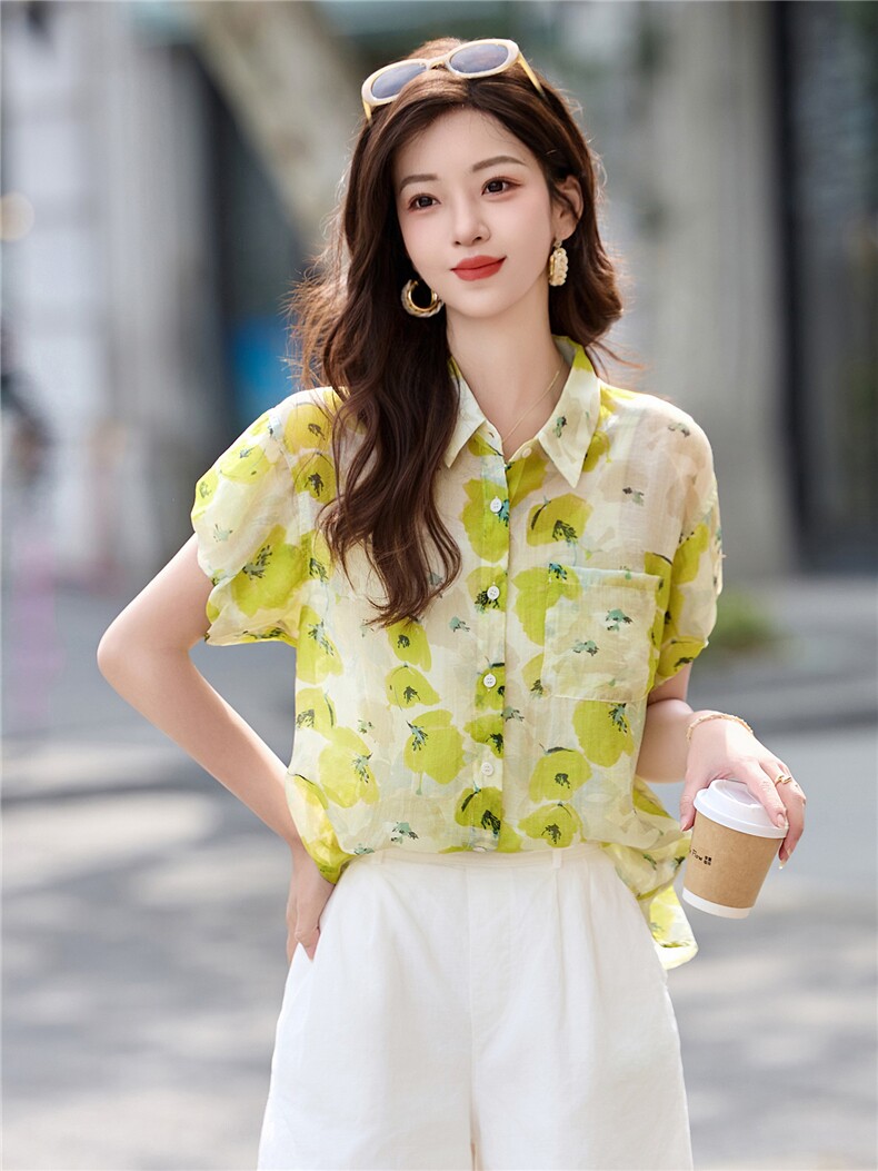 2026年夏季女休闲风短袖花衬衫,女装衬衫,艾尚靓装