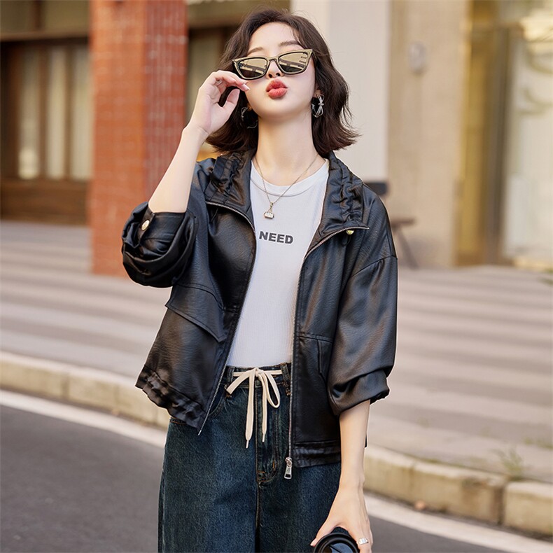 黑色复古仿pu皮夹克宽松休闲飞机服休闲帅气美式外套,女装短外套,梦懿尔