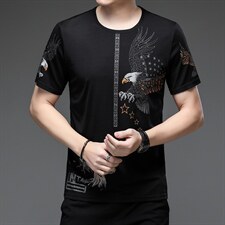 夏季青年男士短袖T恤丝光棉圆领休闲印花冰丝中年男上衣半袖P34，男装T恤，钱塘6003A(原)4033A