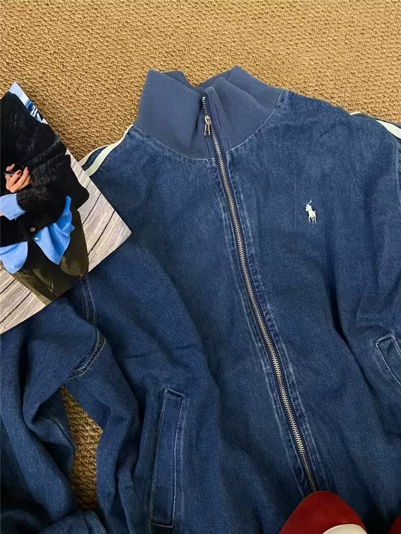 老钱风复古秋冬刺绣小马标三条杠牛仔夹克棒球外套NB77P85,男装工装外套,电商D256-3(原A064-3)