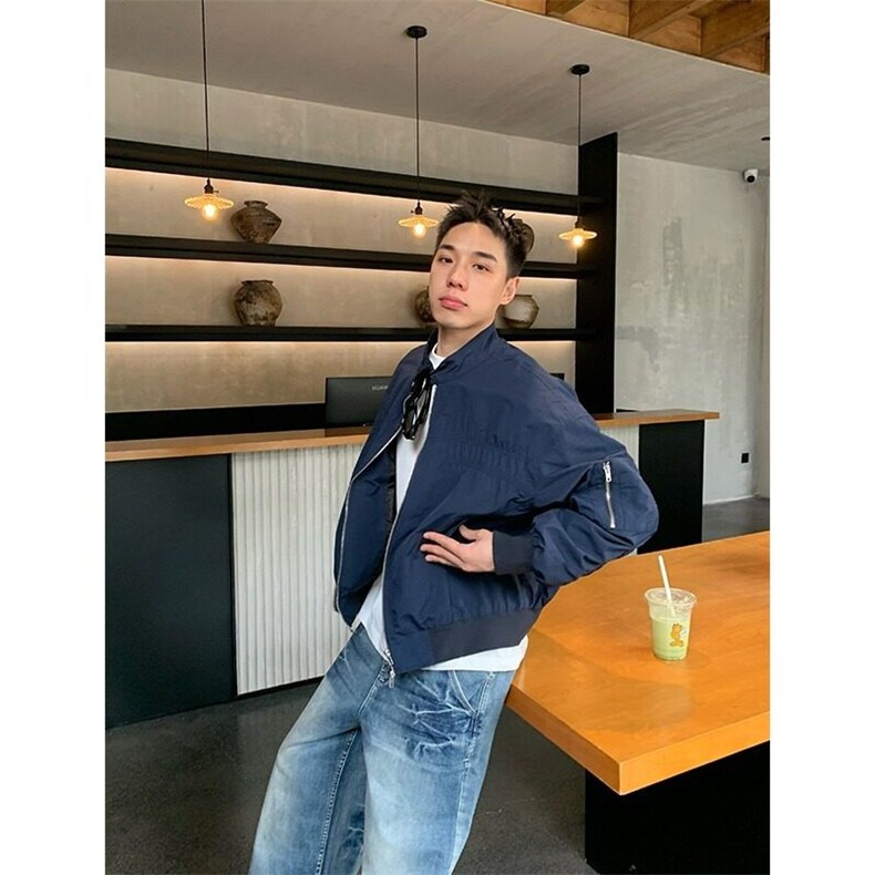 美式飞行员教练服夹克男士春秋季宽松休闲潮牌棒球服纯色工装外套,男装夹克,星座506A