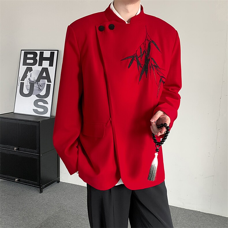 26过年喜庆立领西装结婚敬酒服新中式风竹子绣花休闲西服外套,男装西服套装,星座909