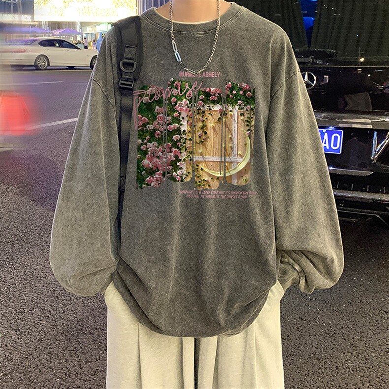 直播品质重磅纯棉美式蜡染水洗做旧潮牌宽松长袖t恤CT365特P38,男装T恤,电商A486