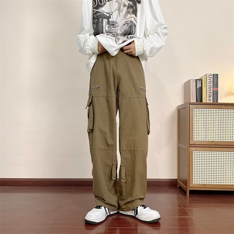 秋季复古潮流情侣百搭直筒休闲裤日系口袋绑带工装裤男K4824-P46,男装休闲裤,星座512-2