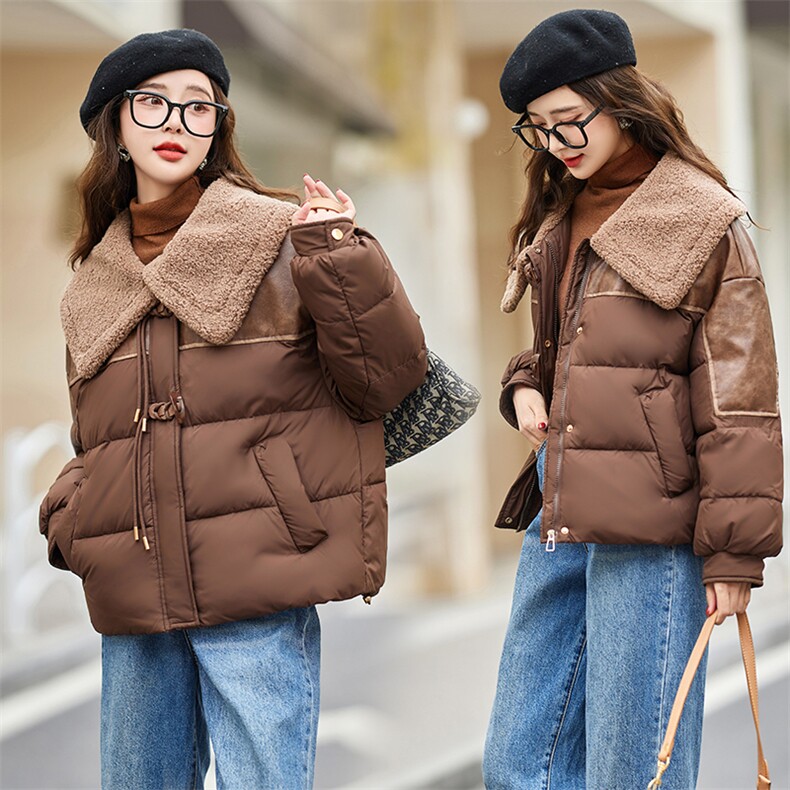 现货2023年冬季新款羊羔绒PU皮拼接加厚羽绒服大翻领宽松短外套女,女装羽绒服,仟媚宠