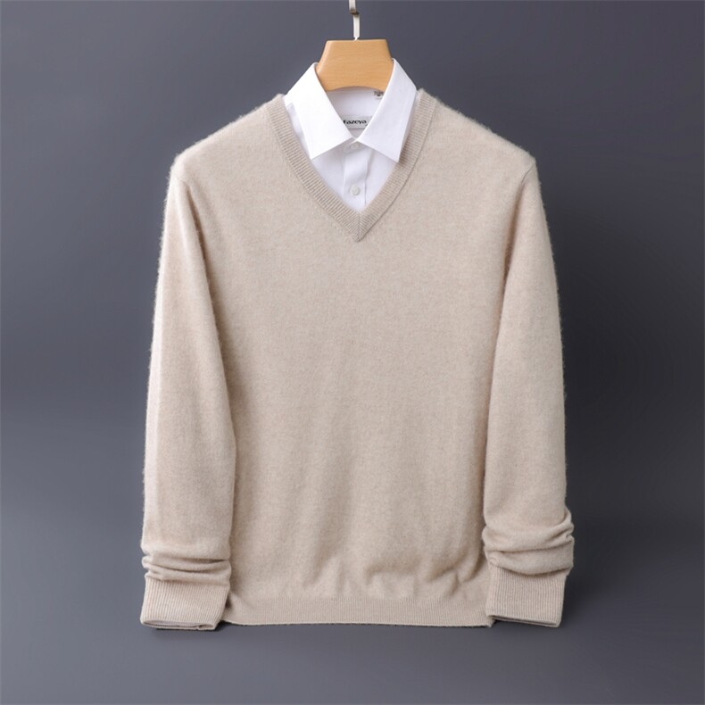 秋冬季新款舒适时尚百搭12针小V领男士衫，男装羊绒套衫，伊绒腾羊绒
