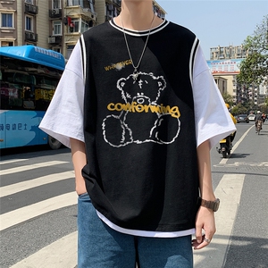 港风  假两件拼色纯棉夏季新款短袖T恤宽松新潮 T633  P40控58图片