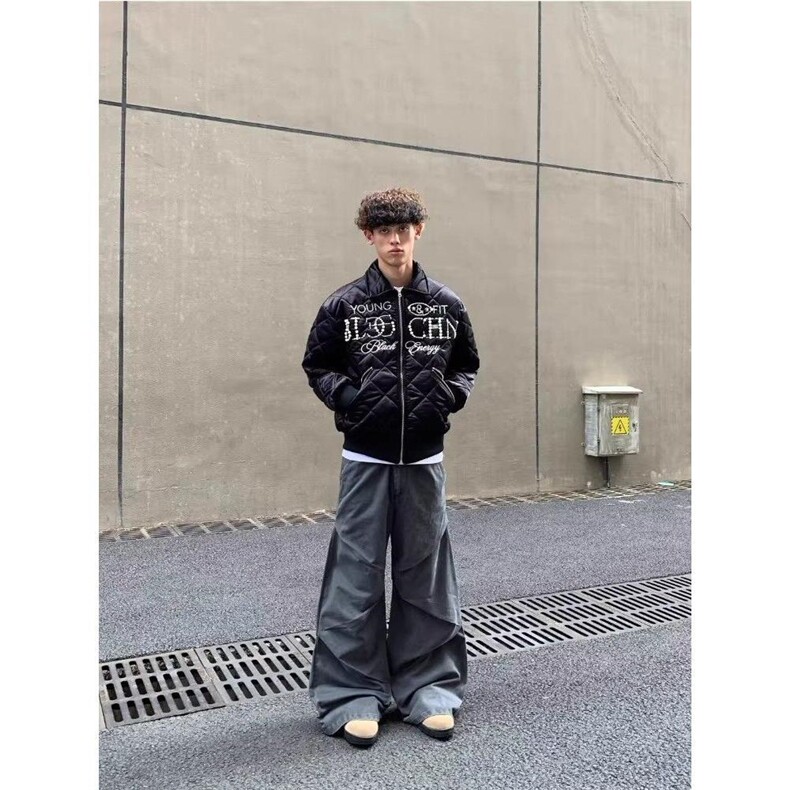 1506-1/MLE-93331/P100哈风刺绣珍珠黑色菱格棉服男加厚保暖外套,男装棉衣,星座1506-1
