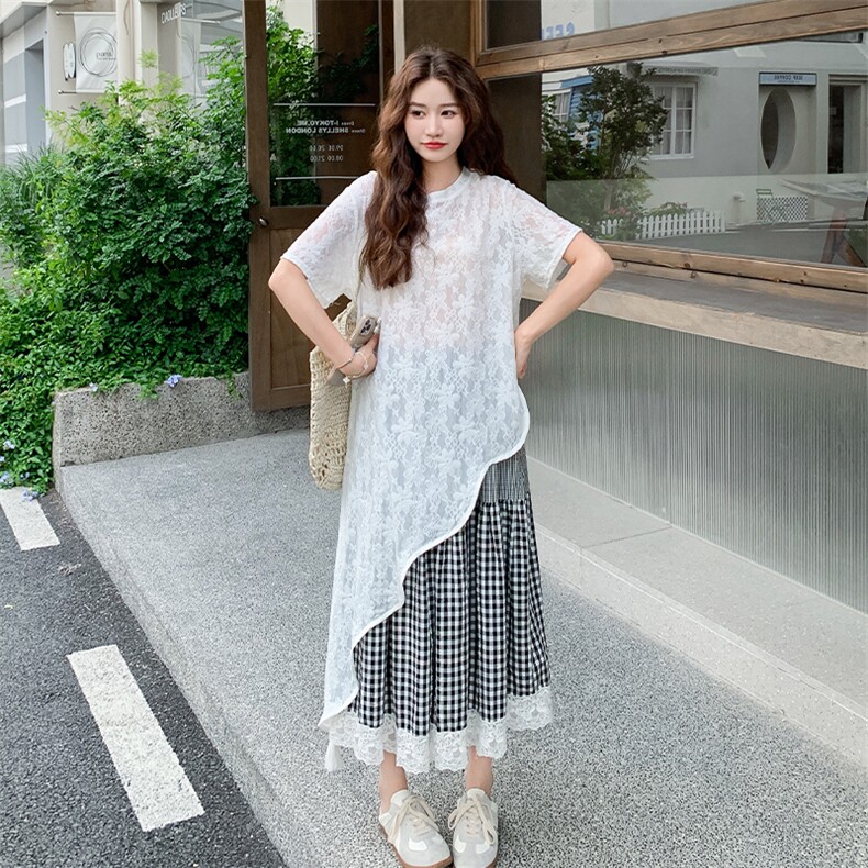 慵懒风绝美叠穿蕾丝连衣裙套装女夏季2025年新款格子半身裙两件套,女装套装/套裙,2C009