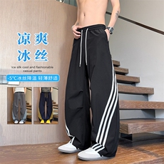 2026夏季新款冰感拼接三条杠宽松弯刀裤男K6735特P32建议零售价78，男装休闲裤，电商A001-1