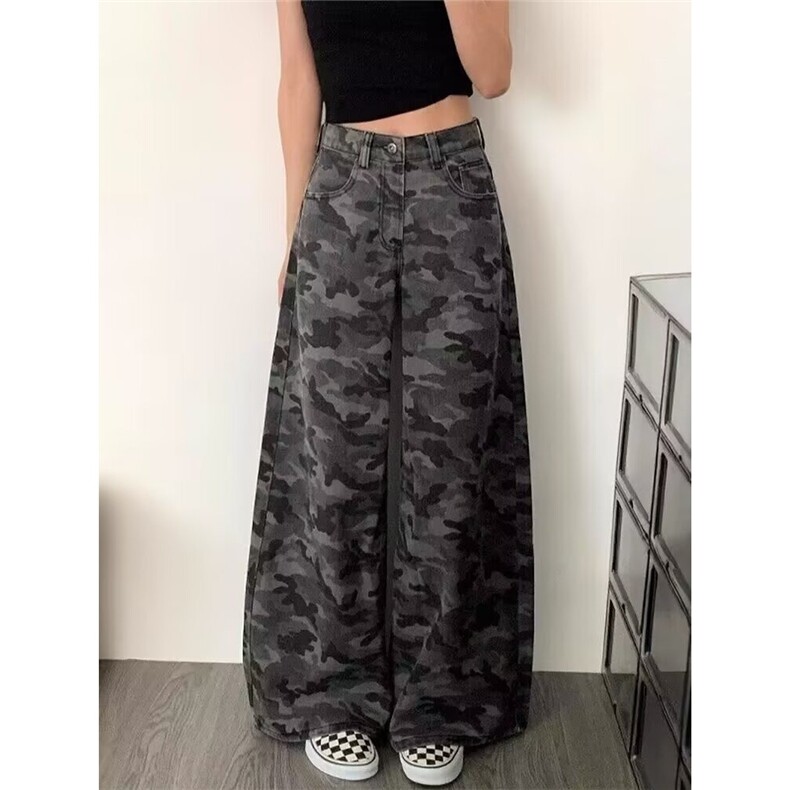 大码胖妹妹美式迷彩工装牛仔裤女阔腿裤梨形垂感拖地裤K6704-P42图片