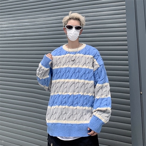 针织衫男士韩版潮流高街帅拼色宽松2024冬季ins毛衣外套MZ492-P46,卡其色羽绒服搭配什么颜色靴子图片