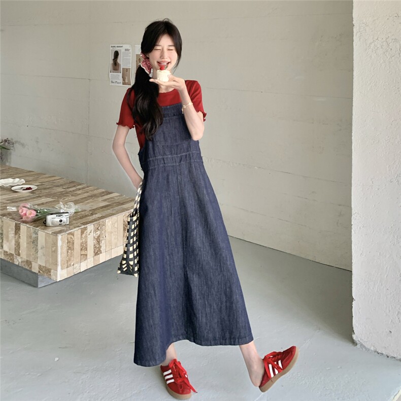 复古牛仔吊带连衣裙套装女2025夏季新款学院风减龄短袖T恤两件套,女装套装/套裙,2C012