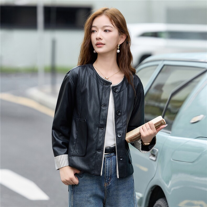 2025秋季女装新款小香风相拼短款皮衣外套,女装皮衣,魅衣本色