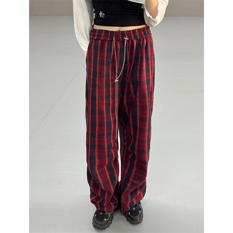 现货自家图美式红色格子毛呢宽松直筒阔腿休闲裤K661-P50控68，男装休闲裤，星座205-5