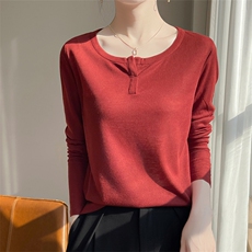 2025新款简约百搭纯色女士开口V领莱赛尔长袖，女装蕾丝衫/雪纺衫，羊特美羊绒