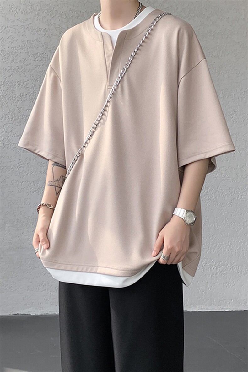 8XL-M重磅斜纹假两件短袖t恤男夏季薄款宽松大码半袖体恤DT006P45,男装T恤,电商B312