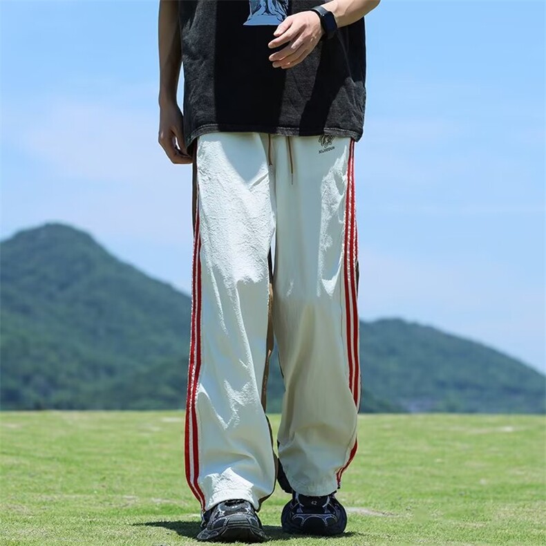 冰丝速干三条杠裤子男秋季美式设计感小众拼色直筒宽松休闲运动裤,女装休闲裤,星座218-1（原230）