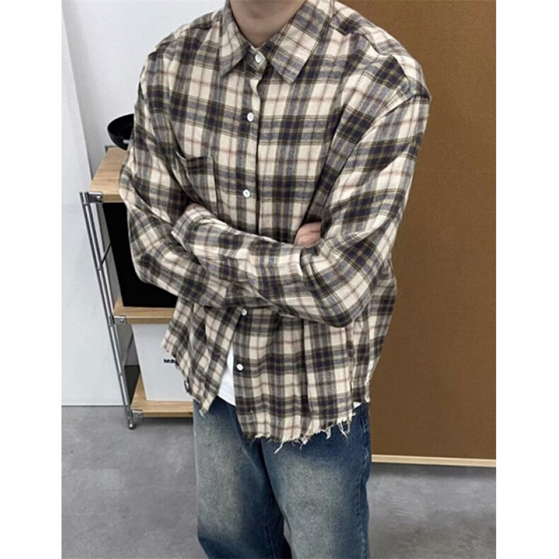 秋季休闲格子长袖衬衫男宽松街头百搭氛围感毛边上衣C3054,男装衬衫,星座1116A（原606A-3）