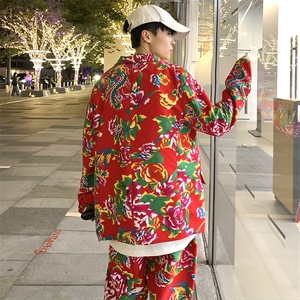 XF01男春港风文艺休闲大码西服套装西装东北大花民族风特色风图片