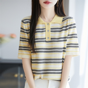 2025春夏新款polo领条纹针织短袖t恤女撞色翻领半袖打底衫薄上衣图片
