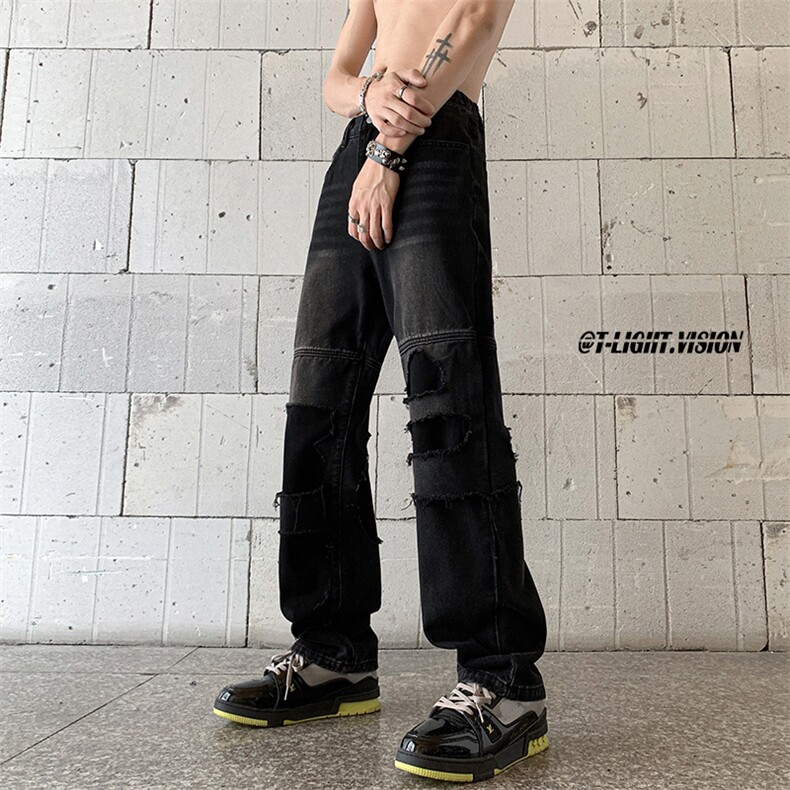 B221美式ins高街暗黑小众撞色破洞直筒牛仔裤LK23109-P65控88,男装牛仔裤,电商B221