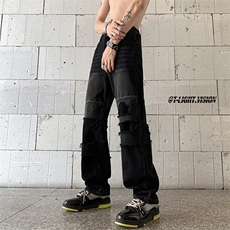 B221美式ins高街暗黑小众撞色破洞直筒牛仔裤LK23109-P65控88，男装牛仔裤，电商B221