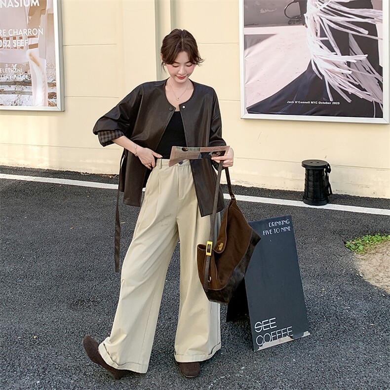 秋装皮衣外套休闲宽松版圆领袖口拼接格-2d075-p175-k235，女装皮衣，2D075