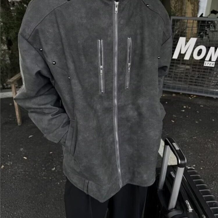 立领机车男春秋美式痞帅青年铆钉复古做旧皮夹克WJK9302,男装夹克,星座208-5