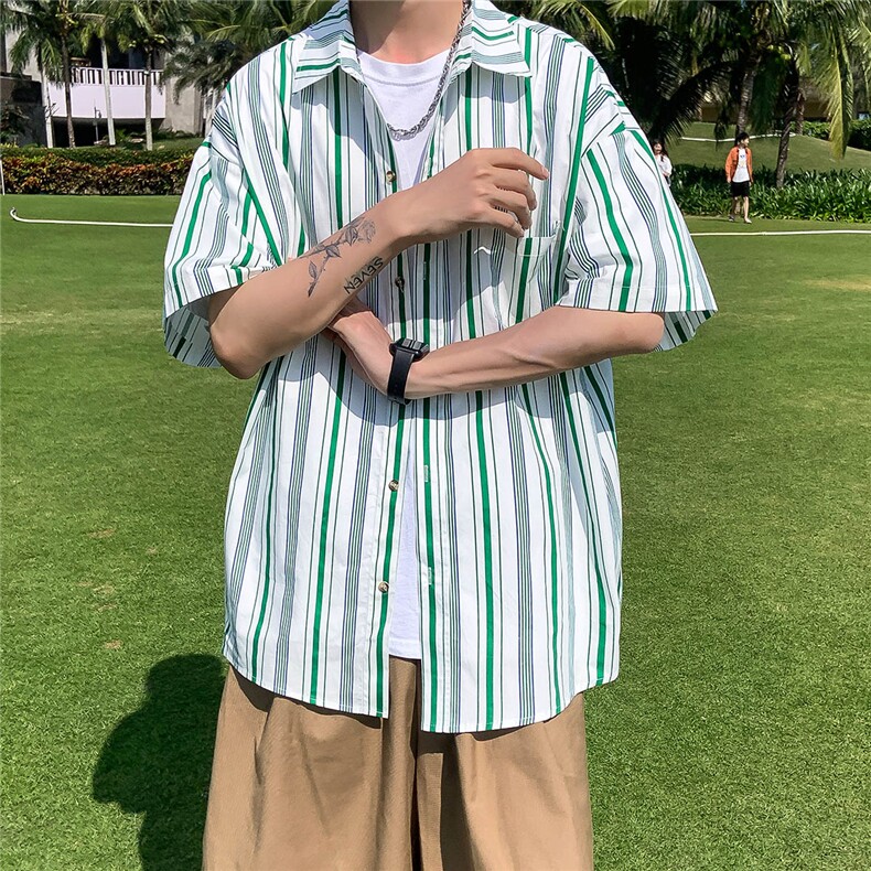 23港风条纹衬衫男士短袖宽松夏季衬衣半袖DX173P4558图片