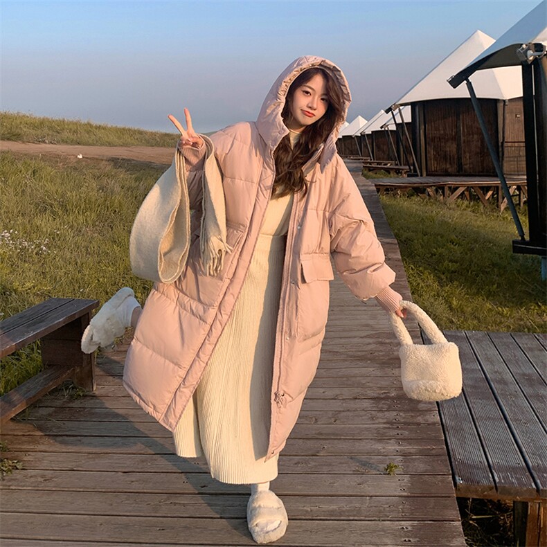 粉色中长款羽绒服女冬2024新款韩版宽松加厚小个子温柔风过膝外套,女装羽绒服,诺蝶